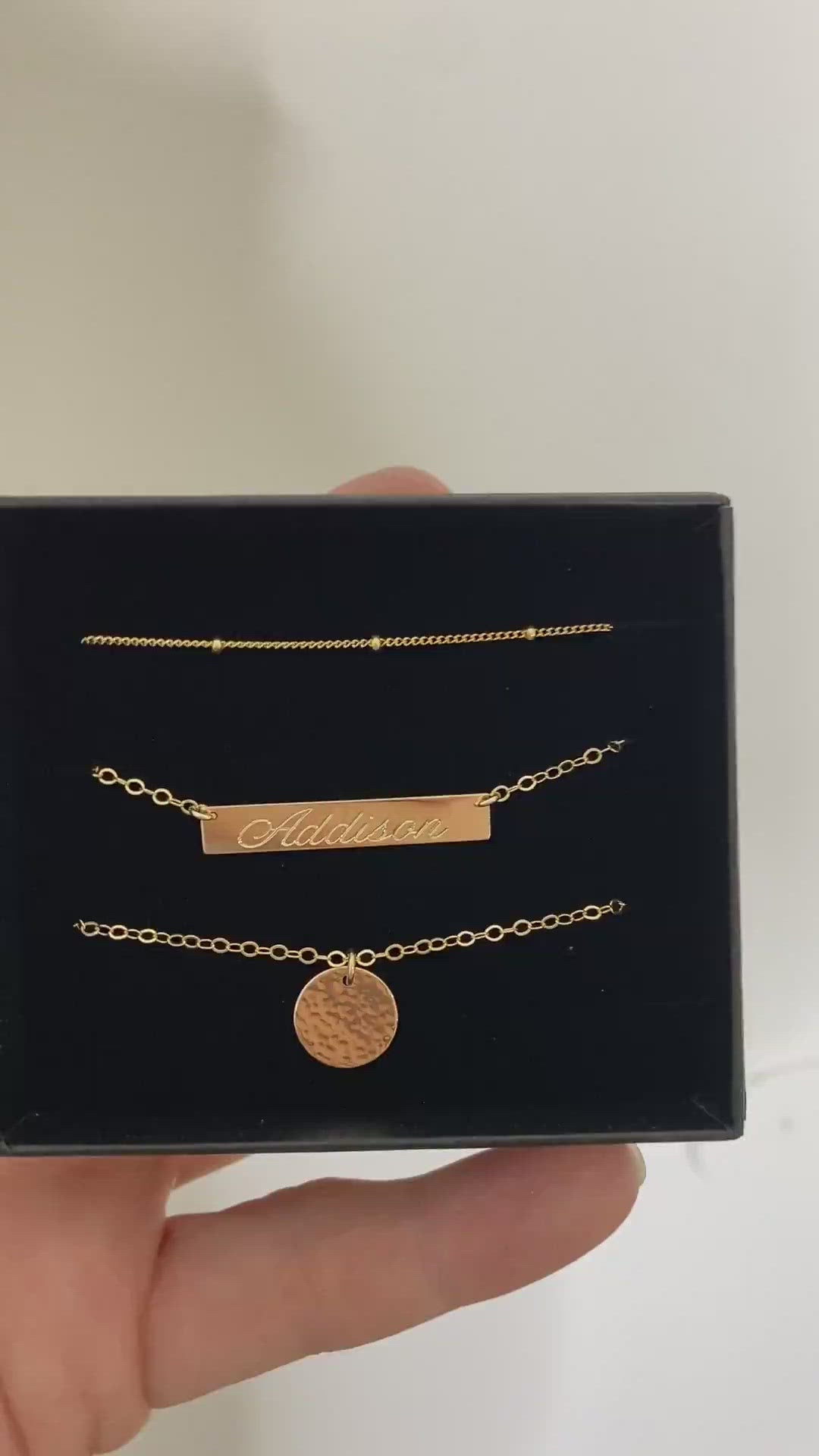Set of 3 Layering Necklaces | Beaded Satellite Chain, Engraved Bar, Pendant & Hammered Disc